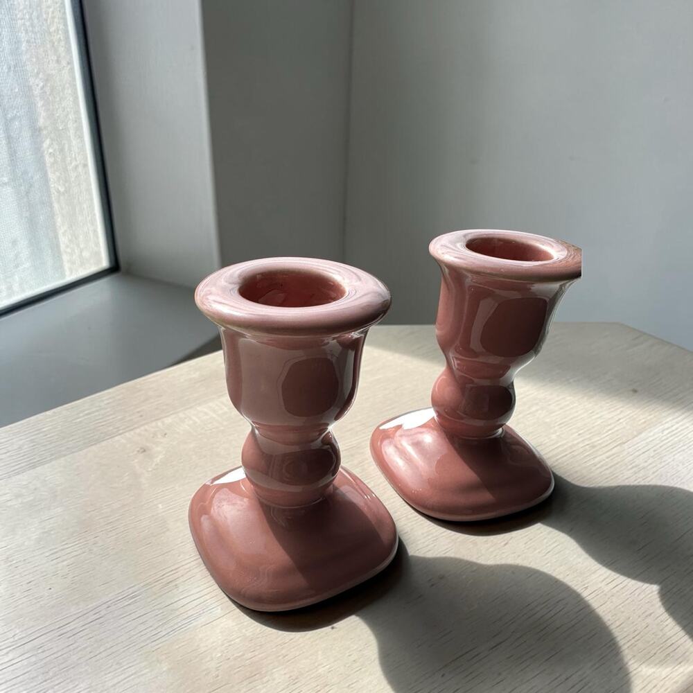Vintage 1980s Dusty Rose Mauve Ceramic Taper Candlestick Holder Small 3.5”